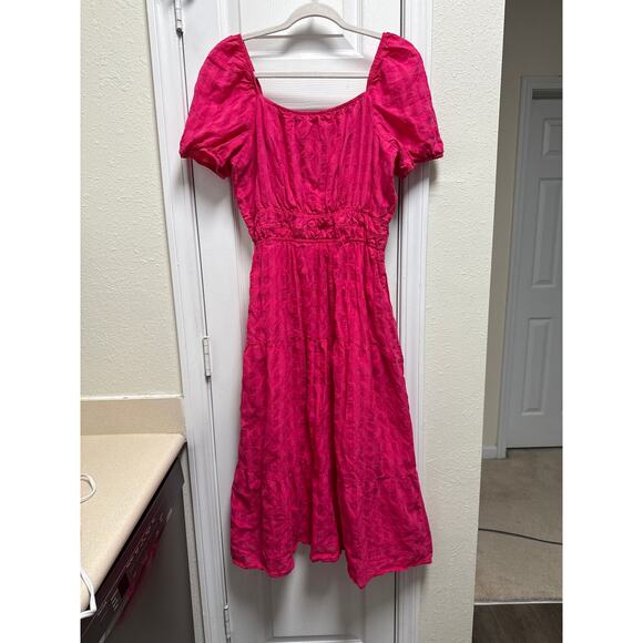 Anthropologie Hot Pink Francesca Cotton Tiered Gingham Midi Dress Size Medium - Picture 5 of 8